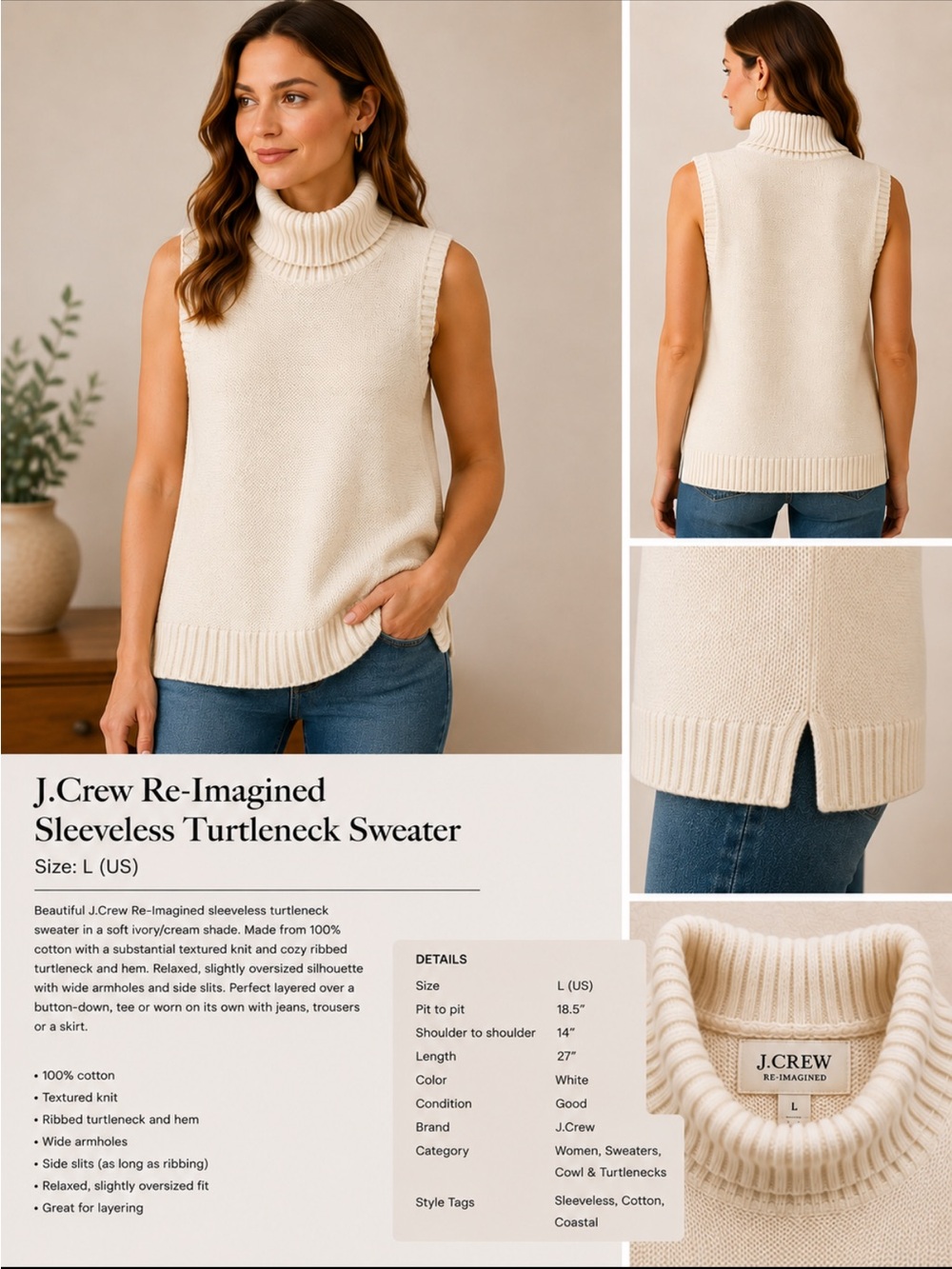 J.Crew Re-Imagined 100% Cotton Sleeveless Turtleneck Sweater L Ivory